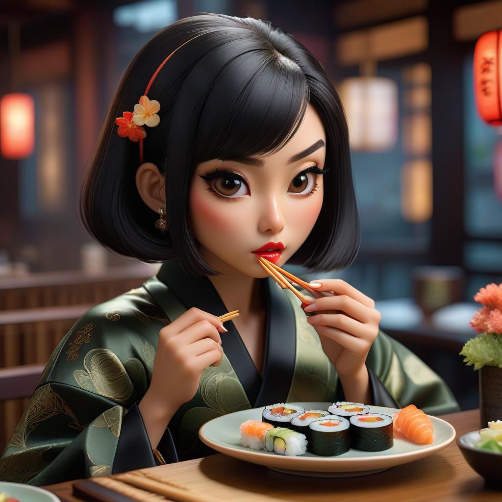  A girl, dark hair, bob cut, eating sushi. hyperrealistic, full body, detailed clothing, highly detailed, cinematic lighting, stunningly beautiful, intricate, sharp focus, f/1. 8, 85mm, (centered image composition), (professionally color graded), ((bright soft diffused light)), volumetric fog, trending on instagram, trending on tumblr, HDR 4K, 8K