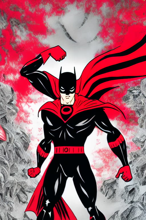  The evil eyes superhero red clothing with a black cape named the great eye fighting with Satan