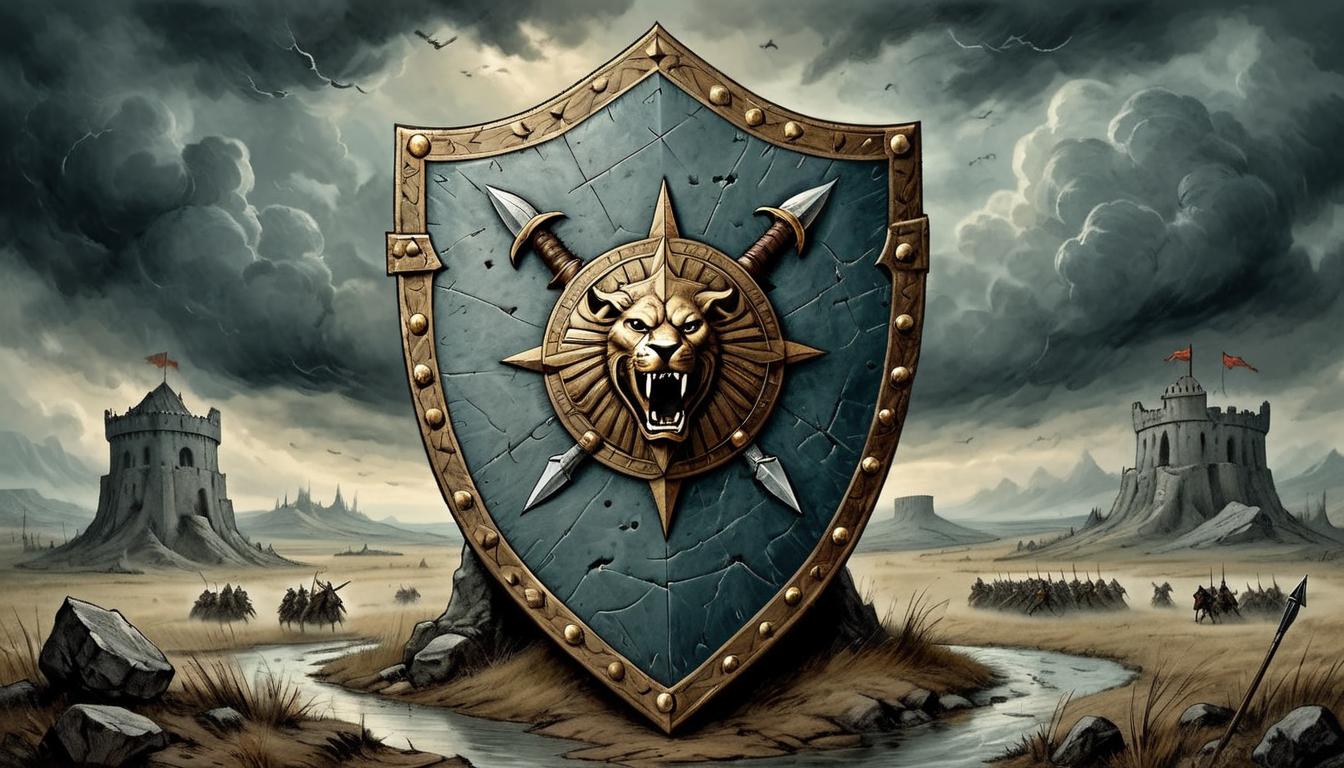  on parchment, surrealism+++, Warrior’s shield with battle scars, intricate engravings, standing against a backdrop of a battlefield under a stormy sky, resilient, enduring, powerful(mysterious, provocative, symbolic,muted color)+++