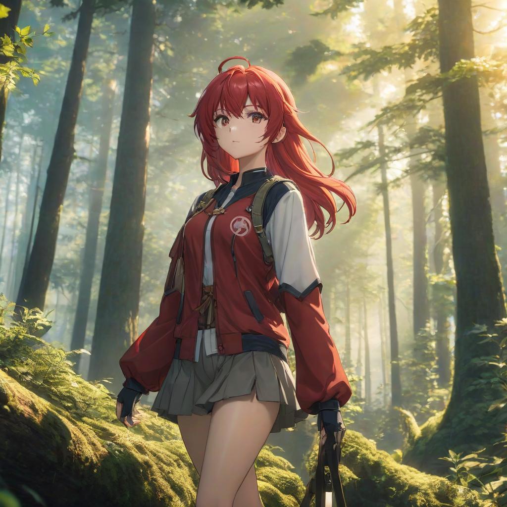  anime artwork Draw a red haired character against a backdrop of a sunny forest. . anime style, key visual, vibrant, studio anime, highly detailed hyperrealistic, full body, detailed clothing, highly detailed, cinematic lighting, stunningly beautiful, intricate, sharp focus, f/1. 8, 85mm, (centered image composition), (professionally color graded), ((bright soft diffused light)), volumetric fog, trending on instagram, trending on tumblr, HDR 4K, 8K