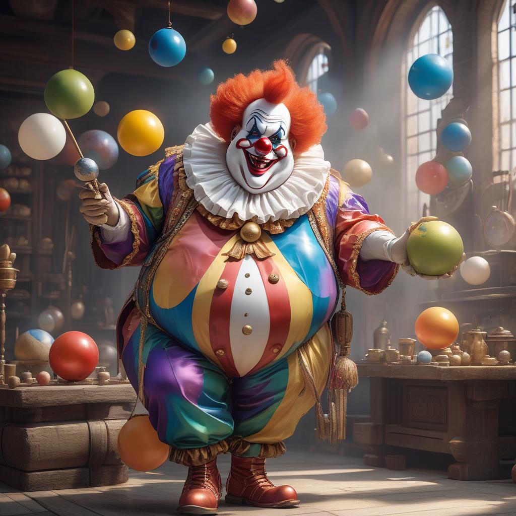  Create a character for a D&D fat clown who holds a club made of marbles. The background is a white canvas. His costume should include a complete clown outfit painted in one style. The clown should not be too fat, and should be created in the style of a 3D model rather than a real image. hyperrealistic, full body, detailed clothing, highly detailed, cinematic lighting, stunningly beautiful, intricate, sharp focus, f/1. 8, 85mm, (centered image composition), (professionally color graded), ((bright soft diffused light)), volumetric fog, trending on instagram, trending on tumblr, HDR 4K, 8K