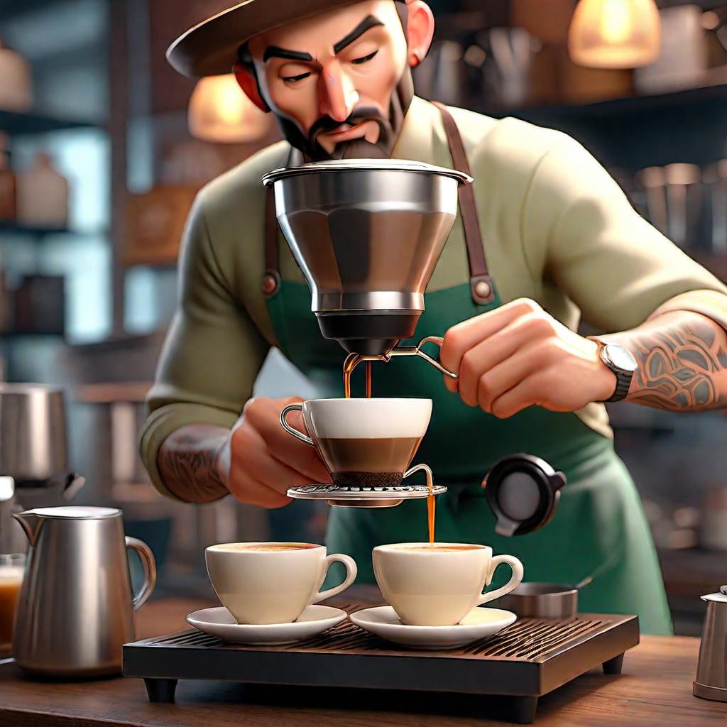  The barista brews coffee with a V60. hyperrealistic, full body, detailed clothing, highly detailed, cinematic lighting, stunningly beautiful, intricate, sharp focus, f/1. 8, 85mm, (centered image composition), (professionally color graded), ((bright soft diffused light)), volumetric fog, trending on instagram, trending on tumblr, HDR 4K, 8K