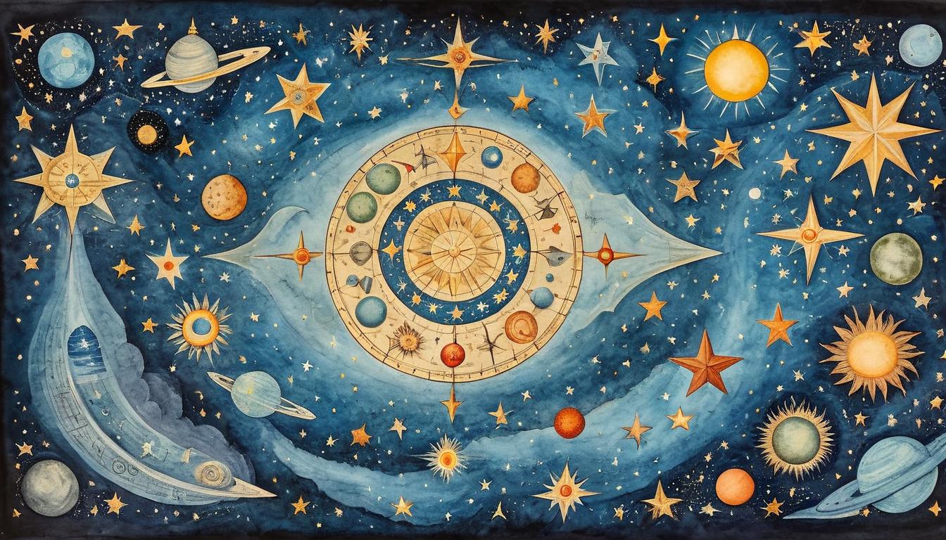  on parchment, surrealism+++, Complex problem solving, stars aligning in a cosmic pattern, work as a celestial endeavor, strategic, thoughtful(mysterious, provocative, symbolic,muted color)+++