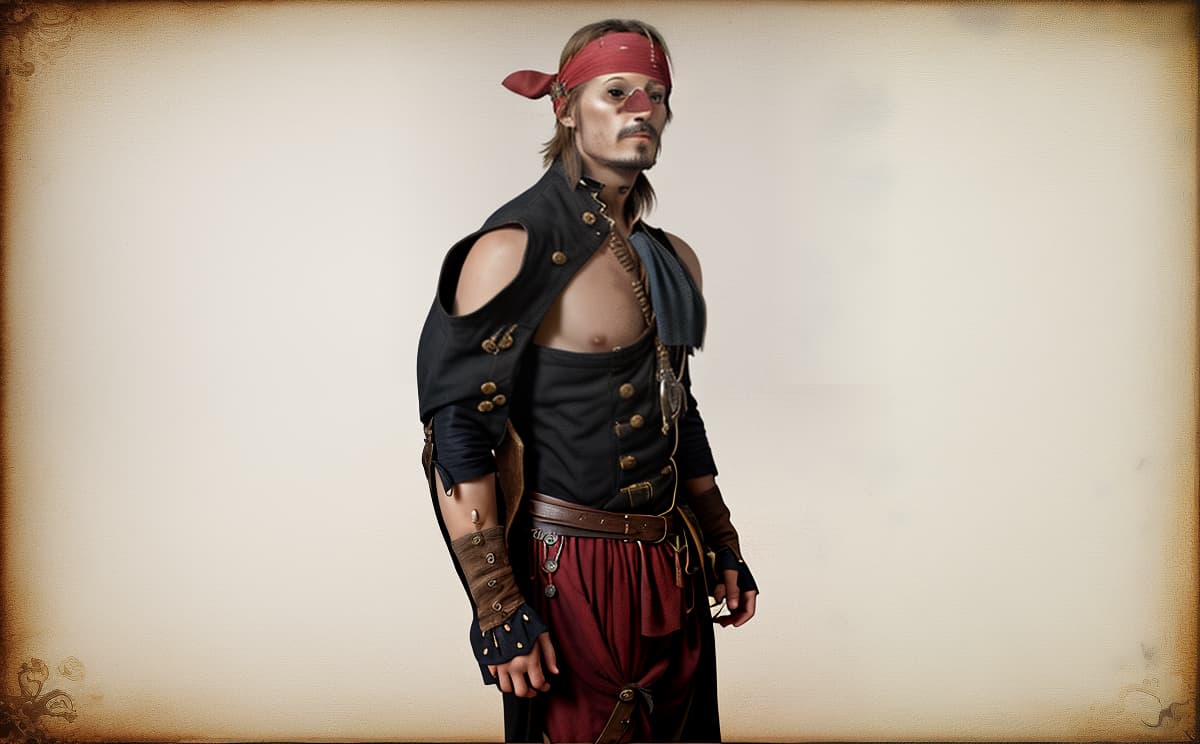  Transform the uploaded photo of a person into an image of a pirate. Add pirate themed elements such as an eye patch, a tricorn hat, a parrot on the shoulder, a pirate coat, and a background featuring a pirate ship or a treasure island. Ensure the person retains their original facial features while blending seamlessly with the pirate attire and setting. The final image should be vibrant, detailed, and convey a classic pirate look