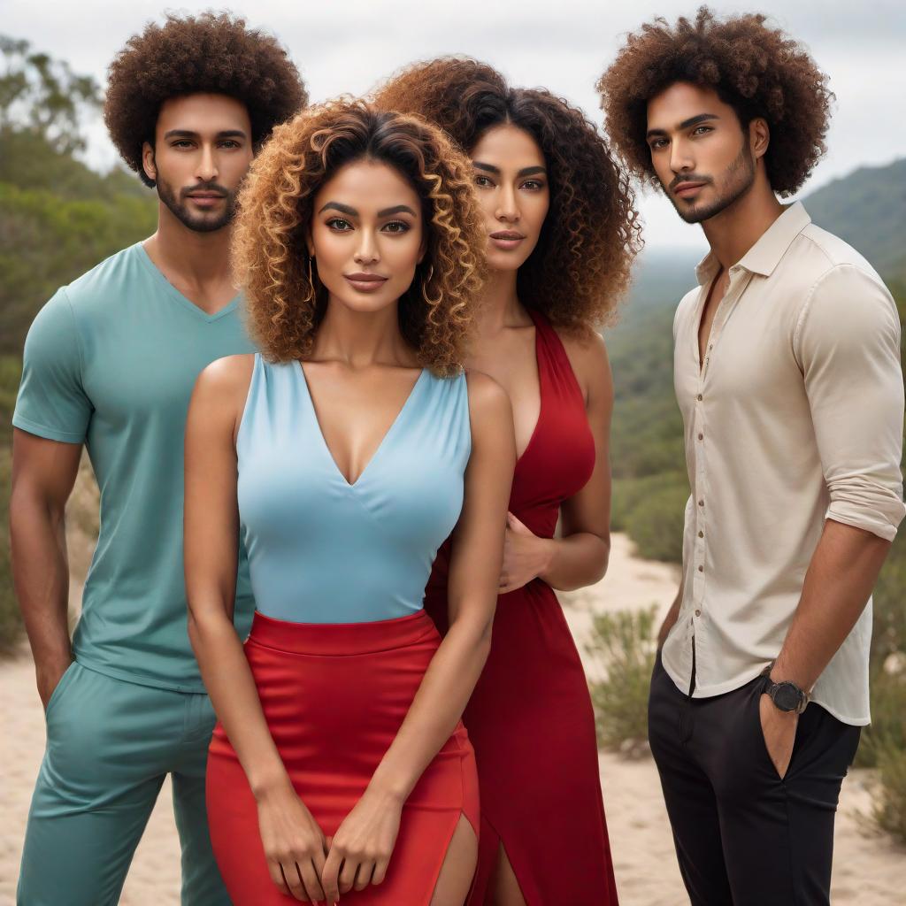  A cartoon representation of four diverse individuals reaching out to each other to represent unity. They are: 1. A young woman of Asian and European descent with curly dark brown hair, hazel eyes, wearing a light blue top. 2. A young man of African and Middle Eastern descent with cropped black hair, medium brown skin, wearing a green t-shirt and black pants. 3. A woman of South Asian and Latino descent with curly hair and golden highlights, mixed-race, wearing a vibrant red dress. 4. A man of Indigenous and European descent with wavy blond hair tied back. hyperrealistic, full body, detailed clothing, highly detailed, cinematic lighting, stunningly beautiful, intricate, sharp focus, f/1. 8, 85mm, (centered image composition), (professionally color graded), ((bright soft diffused light)), volumetric fog, trending on instagram, trending on tumblr, HDR 4K, 8K