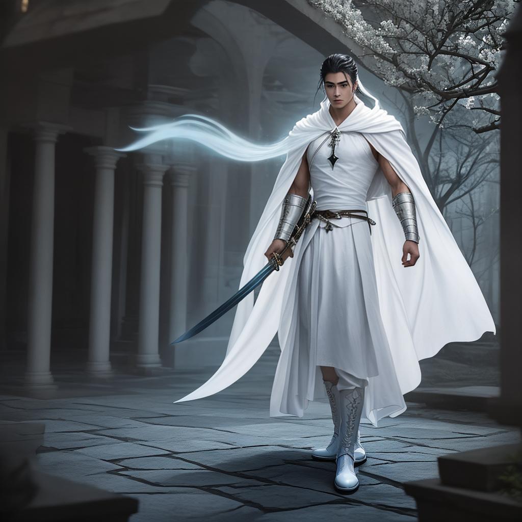  In the moonlit courtyard, a swordsman with sword-like eyebrows and star-like eyes exudes mystery and intrigue. His masculinity and chiseled physique stand out in the ethereal light. He wears flowing white robes and long white cloth boots, standing there as a symbol of grace and power. The atmosphere is mysterious, with a sense of hidden power and unrevealed secrets. The photos contain modern style, combining elements of high dynamic range and stereoscopic effects to create visually striking compositions. This image was achieved using Kodak Portra 400 film, providing a soft and fantastic quality to the scene.