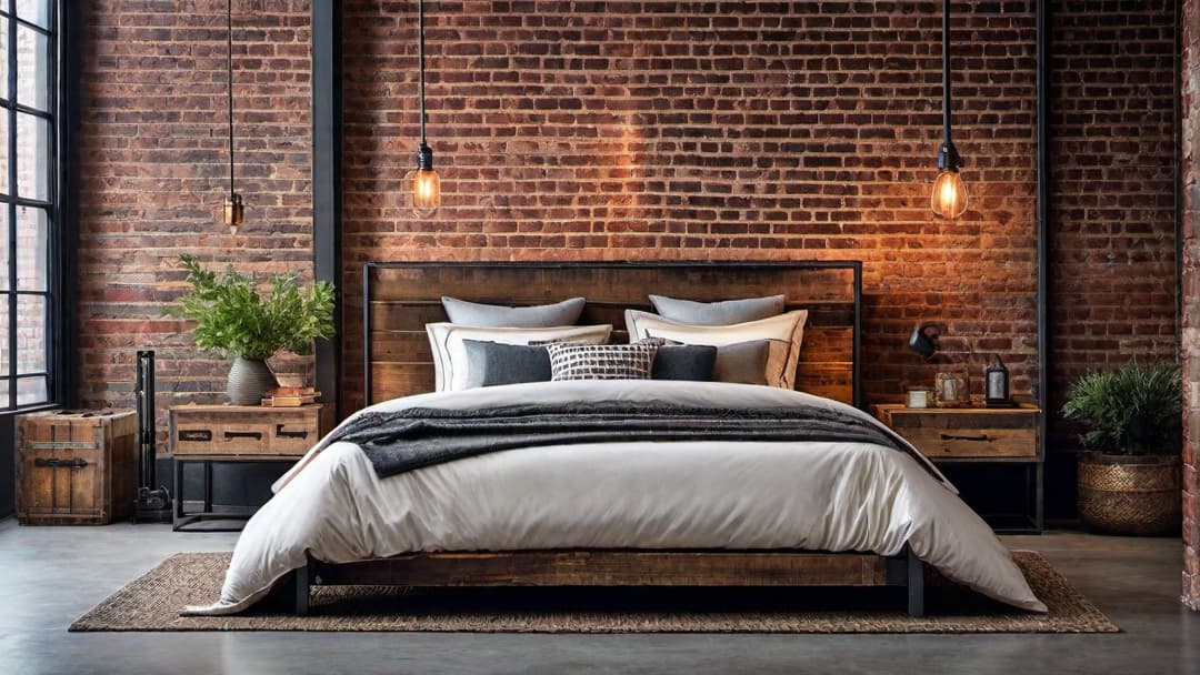  Create an image of an industrial chic bedroom. The room features exposed brick walls and metal accents, with a central focus on a sturdy industrial bed frame and a minimalist industrial headboard. Weathered wood nightstands with vintage lamps, rugged shelves with industrial decor items, a reclaimed wood bench, and metal artwork pieces enhance the earthy tone and urban sophistication of the space. hyperrealistic, full body, detailed clothing, highly detailed, cinematic lighting, stunningly beautiful, intricate, sharp focus, f/1. 8, 85mm, (centered image composition), (professionally color graded), ((bright soft diffused light)), volumetric fog, trending on instagram, trending on tumblr, HDR 4K, 8K