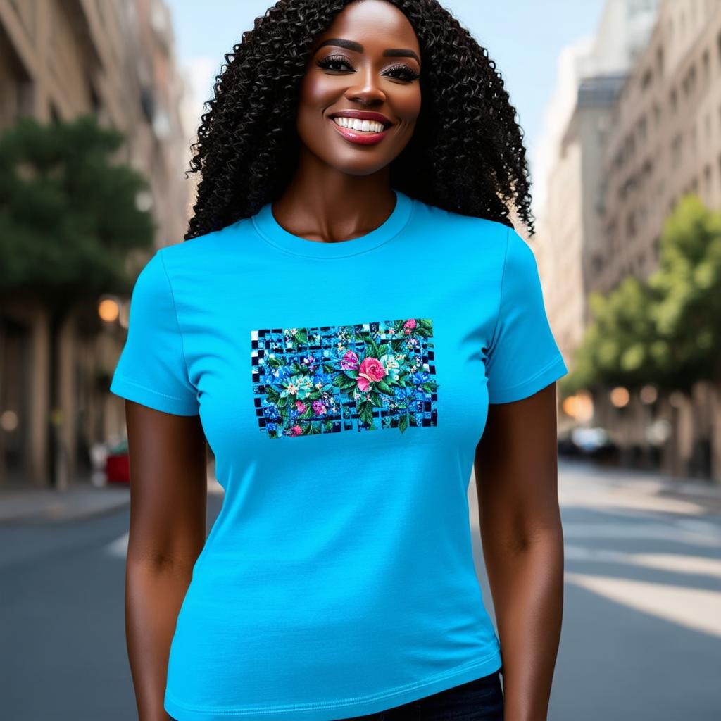  half body portrait black curly happy woman wearing blue t shirt with squared floral pattern on t shirt, Blurred city Background high quality, detailed intricate insanely detailed, flattering light, RAW photo, photography, photorealistic, ultra detailed, depth of field, 8k resolution , detailed background, f1.4, sharpened focus hyperrealistic, full body, detailed clothing, highly detailed, cinematic lighting, stunningly beautiful, intricate, sharp focus, f/1. 8, 85mm, (centered image composition), (professionally color graded), ((bright soft diffused light)), volumetric fog, trending on instagram, trending on tumblr, HDR 4K, 8K