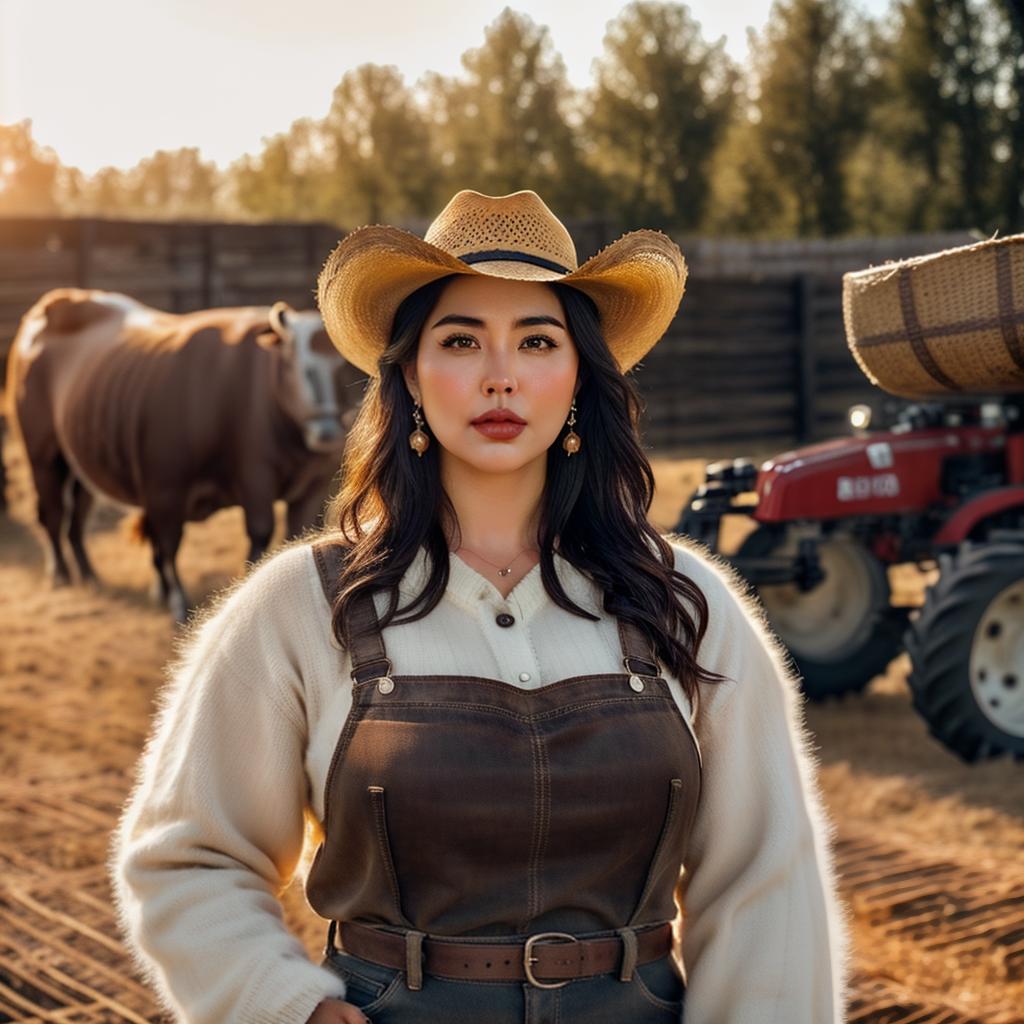  Chubby USA girl in wearing Cowboy clothes portrait at farm, bulls in Background, Tractor in background, Clean face details hyperrealistic, full body, detailed clothing, highly detailed, cinematic lighting, stunningly beautiful, intricate, sharp focus, f/1. 8, 85mm, (centered image composition), (professionally color graded), ((bright soft diffused light)), volumetric fog, trending on instagram, trending on tumblr, HDR 4K, 8K