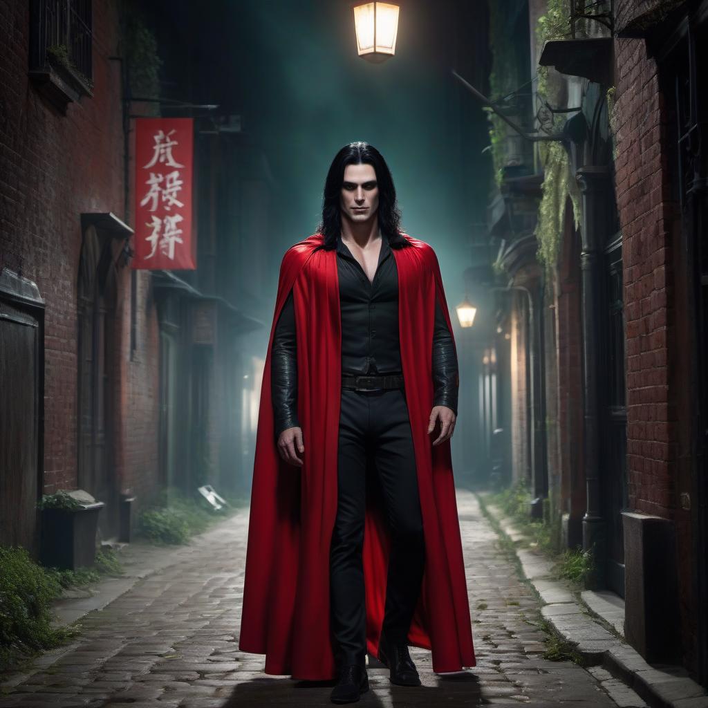  A man vampire in a red cape with long black hair holds a matte poster. His silhouette is lit by a dim green light from a night street lamp in a dark narrow alley. The vampire smiles, his pupils glow red. Night, very dark, almost nothing can be seen behind the vampire, a contrasting street lamp light, a gloomy atmosphere of dirtiness and mystery. hyperrealistic, full body, detailed clothing, highly detailed, cinematic lighting, stunningly beautiful, intricate, sharp focus, f/1. 8, 85mm, (centered image composition), (professionally color graded), ((bright soft diffused light)), volumetric fog, trending on instagram, trending on tumblr, HDR 4K, 8K