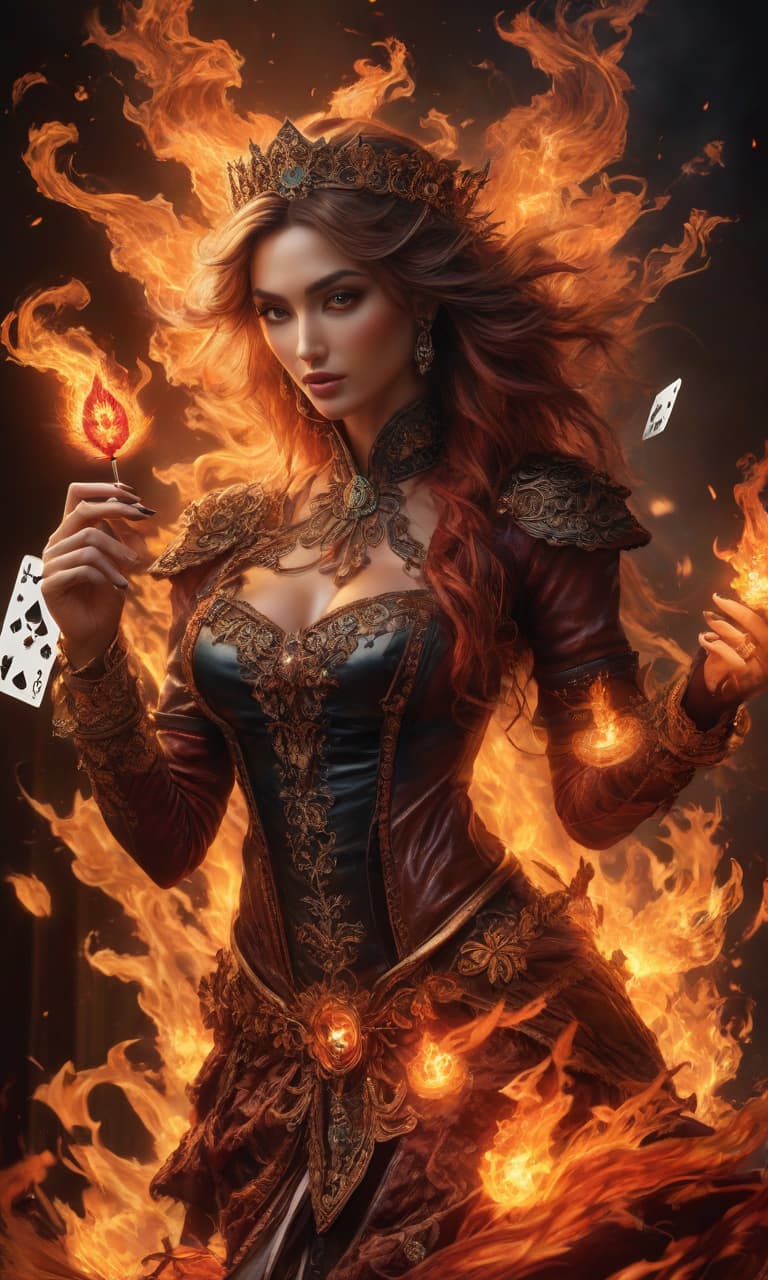  (picture, digital art:1.2), burning playing card with mesmerizing flames, perched elegantly on a table, intricate details capturing the fiery glow, (beautiful:1.3) avatar image, airbrushed art style, dynamic composition, vibrant colors, warm lights illuminating the scene, intense and captivating atmosphere, trending on digital art platforms. hyperrealistic, full body, detailed clothing, highly detailed, cinematic lighting, stunningly beautiful, intricate, sharp focus, f/1. 8, 85mm, (centered image composition), (professionally color graded), ((bright soft diffused light)), volumetric fog, trending on instagram, trending on tumblr, HDR 4K, 8K