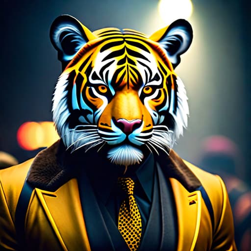  A man in a tiger mask hyperrealistic, full body, detailed clothing, highly detailed, cinematic lighting, stunningly beautiful, intricate, sharp focus, f/1. 8, 85mm, (centered image composition), (professionally color graded), ((bright soft diffused light)), volumetric fog, trending on instagram, trending on tumblr, HDR 4K, 8K