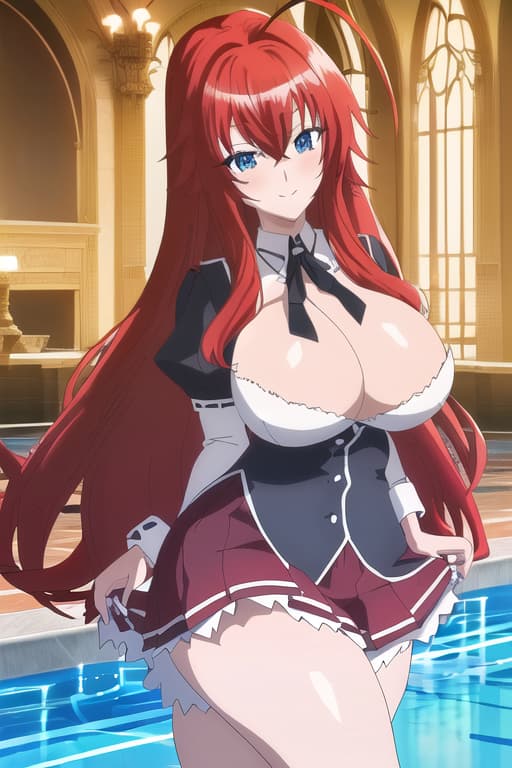  wide hips, ,tight waist,big ,big hips, smile,,,masterpiece, best quality, 1women, long red hair, looking at viewer, :3, cute, black uniform, outdoors, streets, cowboy shot, curvy, (((blue eyes))), rias gremory, red hair, antenna hair, wavy hair, ((beautiful detailed eyes, beautiful detailed glow, lots of glow)), anime screencap,women at pool, compeion , black , masterpiece, best quality, high quality, solo