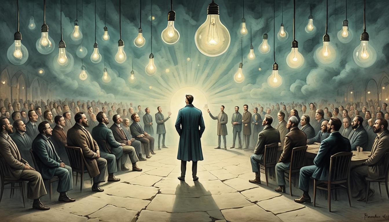  on parchment, surrealism+++, A lone figure surrounded by a skeptical crowd, proposing an idea represented by glowing, ethereal light bulbs above their head, the crowd’s expressions a mix of disbelief and mockery, sense of alienation, otherworldly genius(mysterious, provocative, symbolic,muted color)+++