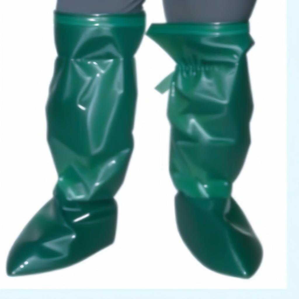  on the legs: trousers tucked into high surgical shoe covers, knee high, with ribbon ties, made of glossy latex, the lower part of the shoe cover, covers the foot, from the sole to the ankle, color dark green, the upper part of the shoe cover, fits the calves, from the ankle knee length, dark blue hyperrealistic, full body, detailed clothing, highly detailed, cinematic lighting, stunningly beautiful, intricate, sharp focus, f/1. 8, 85mm, (centered image composition), (professionally color graded), ((bright soft diffused light)), volumetric fog, trending on instagram, trending on tumblr, HDR 4K, 8K