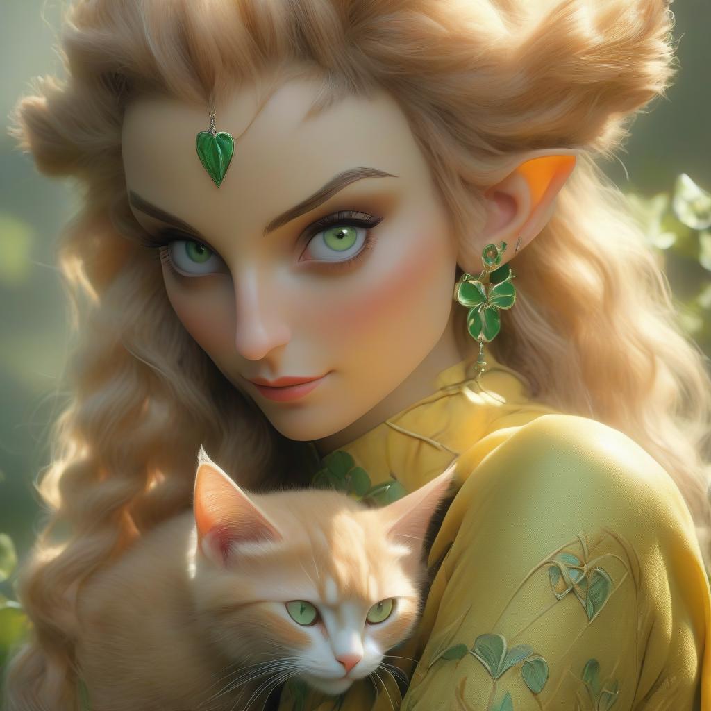  hyperrealistic art A beautiful elf in full height with rosy eyes wears a yellow jumpsuit with a clover brooch. She has a gilded bow and arrows in her quiver. Near her sits a ginger cat with green eyes and a white cat with black patches on its snout and yellow eyes. . extremely high resolution details, photographic, realism pushed to extreme, fine texture, incredibly lifelike hyperrealistic, full body, detailed clothing, highly detailed, cinematic lighting, stunningly beautiful, intricate, sharp focus, f/1. 8, 85mm, (centered image composition), (professionally color graded), ((bright soft diffused light)), volumetric fog, trending on instagram, trending on tumblr, HDR 4K, 8K