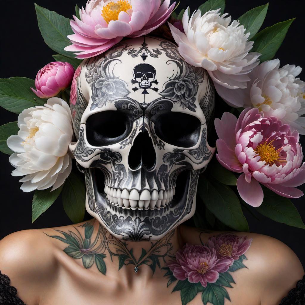  A Callistephus White Tall Paeony Duchess Aster flower with a black diamond in the center, and a skull reflecting off the black diamond, all combined in a unique and artistic tattoo design. hyperrealistic, full body, detailed clothing, highly detailed, cinematic lighting, stunningly beautiful, intricate, sharp focus, f/1. 8, 85mm, (centered image composition), (professionally color graded), ((bright soft diffused light)), volumetric fog, trending on instagram, trending on tumblr, HDR 4K, 8K