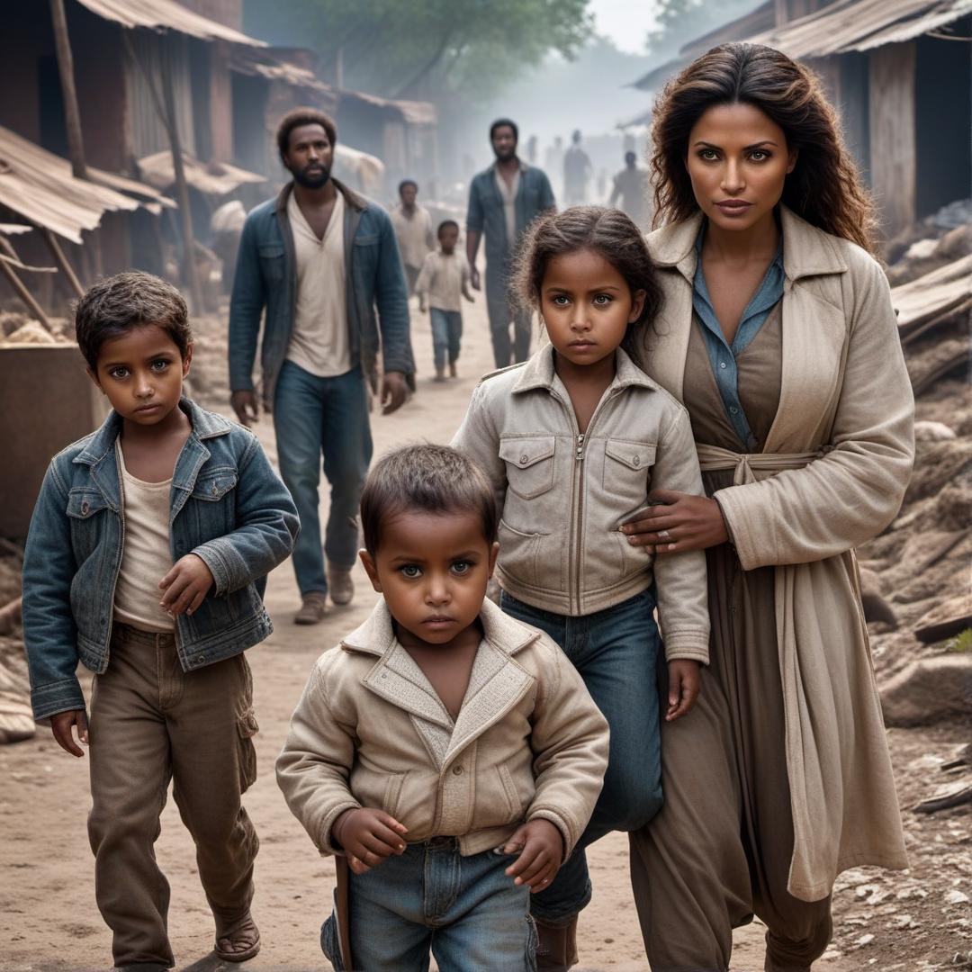  Whit American mother and white young children in extreme poverty hyperrealistic, full body, detailed clothing, highly detailed, cinematic lighting, stunningly beautiful, intricate, sharp focus, f/1. 8, 85mm, (centered image composition), (professionally color graded), ((bright soft diffused light)), volumetric fog, trending on instagram, trending on tumblr, HDR 4K, 8K