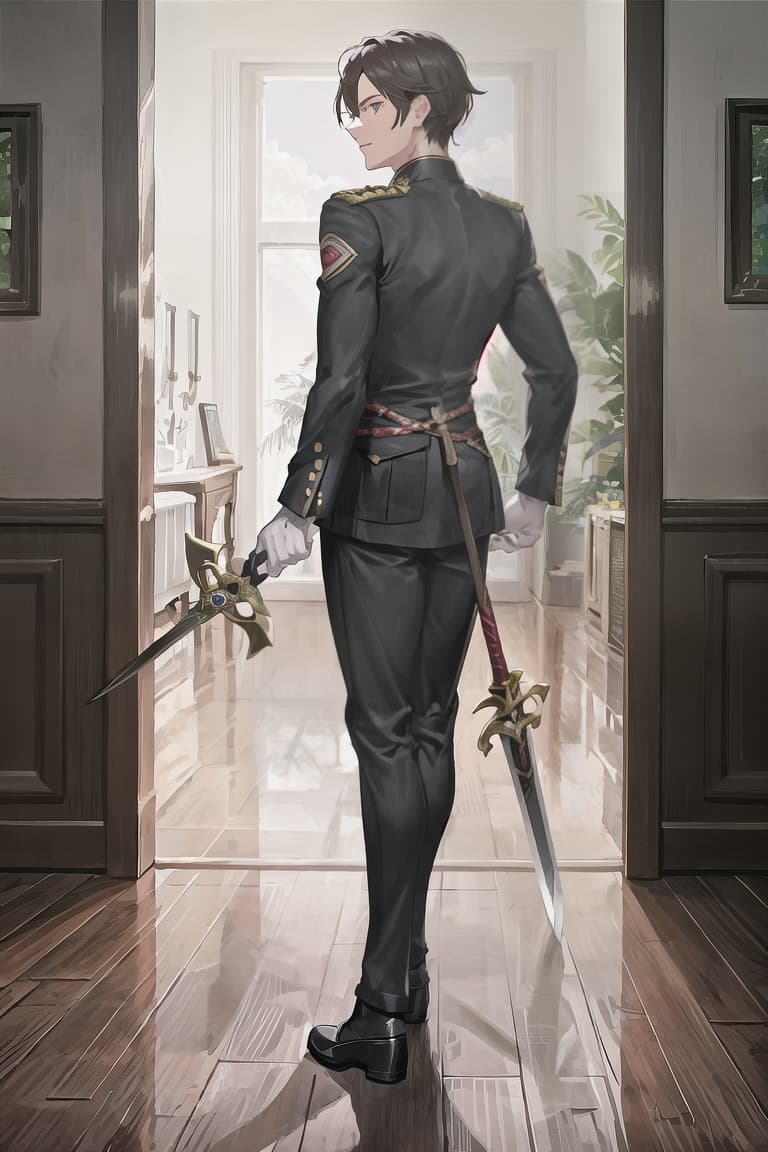  master piece , best quality,Male, muscular, dark hair, all back, black military uniform, sword, camellia flower