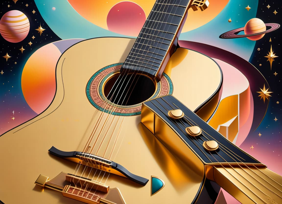  Art Deco style Pastel drawing. Classical guitar with clearly defined seven nylon strings. The top is a solid gold color. The neck is black, smooth. There are seven straight metal pegs on the headstock. In the background: space with stars and planets. . geometric shapes, bold colors, luxurious, elegant, decorative, symmetrical, ornate, detailed, T SHIRT DESIGN hyperrealistic, full body, detailed clothing, highly detailed, cinematic lighting, stunningly beautiful, intricate, sharp focus, f/1. 8, 85mm, (centered image composition), (professionally color graded), ((bright soft diffused light)), volumetric fog, trending on instagram, trending on tumblr, HDR 4K, 8K