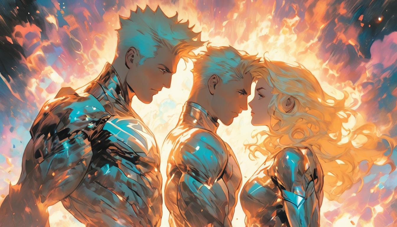  hyperrealism,fantasy aesthetic1woman1man, large busted attractive blonde arian female humanoid and handsome male humanoid, luminous entities hovering around, radiating peace and love, celestial background, high tech clothing clad in sleek, futuristic costume with metallic accents and form fitting designs, marvel superhero comics style, unreal engine rendering