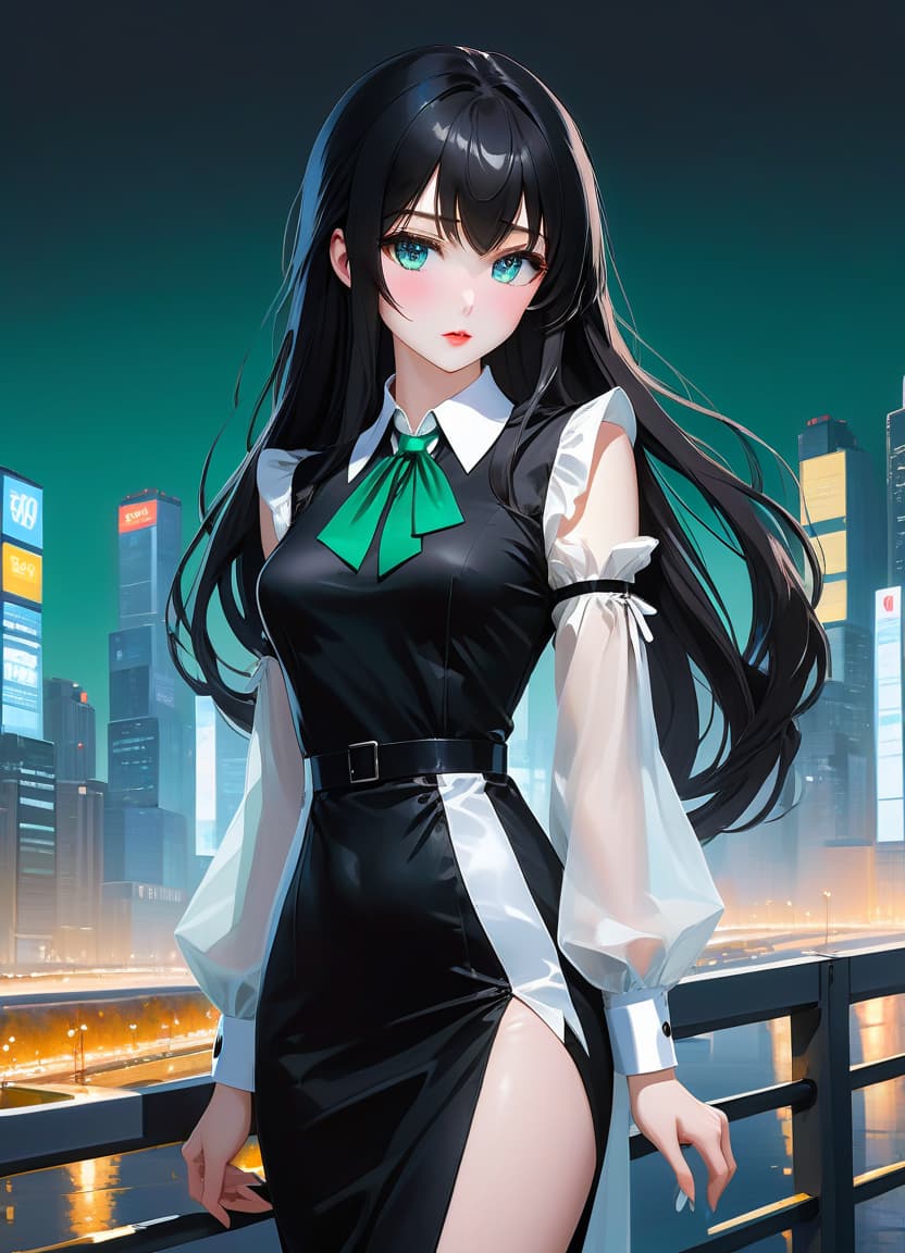  anime artwork beautiful , , white skinned, European, blue eyes, long brown straight hair, slender figure, small neat s, dressed in a black dress with a white collar and white cuffs, full length, against the backdrop of a modern city. Skyscrs of Moscow City (photorealism, oil painting: 1.3), (full length shot: 1.3), charming , long flowing black hair, (large sensual mouth: 1.2), plump lips, sparkling emerald eyes , narrow waist, (sensual drawing: 1.2), silvery glow, ethereal aura, detailed brushwork, intricate shadows and highlights, mysterious and captivating expression, unique color palette, masterful use of light and shadow, captivating atmosphere, pure emotion, intense gaze, dynamic composition. small hyperrealistic, full body, detailed clothing, highly detailed, cinematic lighting, stunningly beautiful, intricate, sharp focus, f/1. 8, 85mm, (centered image composition), (professionally color graded), ((bright soft diffused light)), volumetric fog, trending on instagram, trending on tumblr, HDR 4K, 8K