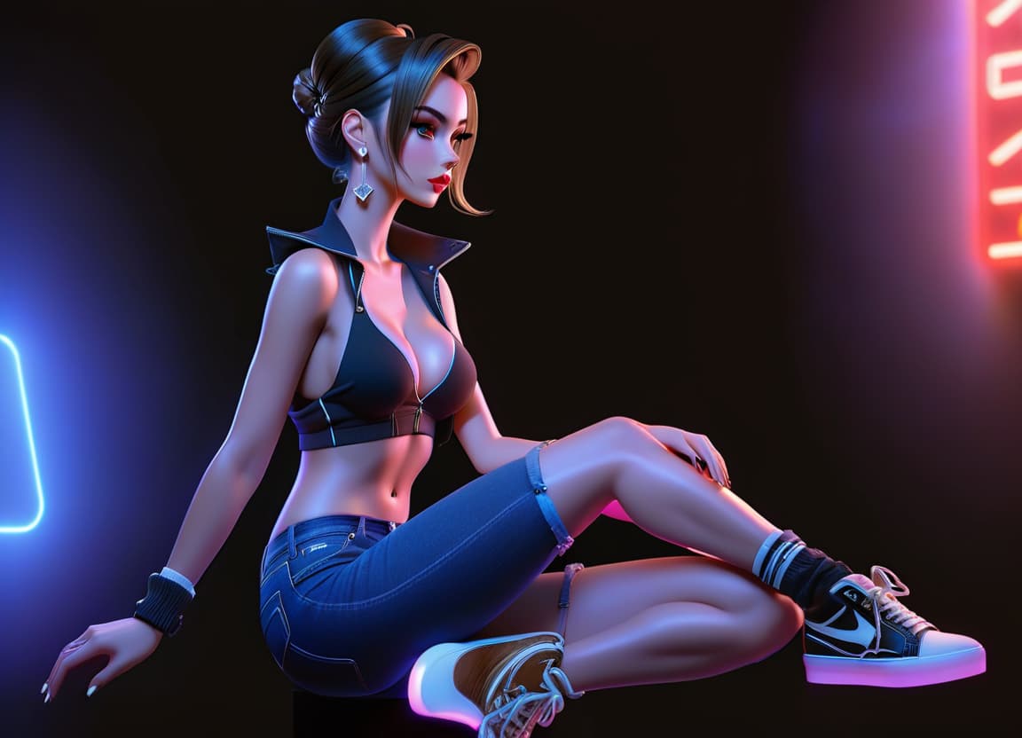  A girl is sitting, her hairstyle is in a bun, her hair is dark, wearing denim shorts, in white sneakers, her profile view hyperrealistic, full body, detailed clothing, highly detailed, cinematic lighting, stunningly beautiful, intricate, sharp focus, f/1. 8, 85mm, (centered image composition), (professionally color graded), ((bright soft diffused light)), volumetric fog, trending on instagram, trending on tumblr, HDR 4K, 8K