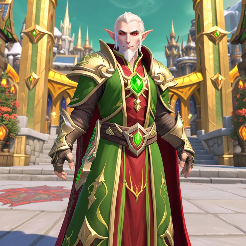  Cinematic image of a Male Blood Elf mage from World of Warcraft, short pale hair and beard, gold eyes, red and green and gold robes and armor, and set background to silvermoon city