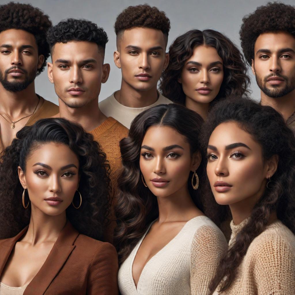  Four diverse individuals standing together, all wearing jumpers: 1. A Chinese mixed-race woman with very short, curly dark brown hair. 2. A young African and Middle Eastern man with cropped black hair and medium brown skin. 3. A South Asian and Latino woman with curly white hair. 4. An Indigenous and European man with wavy blond hair tied back. hyperrealistic, full body, detailed clothing, highly detailed, cinematic lighting, stunningly beautiful, intricate, sharp focus, f/1. 8, 85mm, (centered image composition), (professionally color graded), ((bright soft diffused light)), volumetric fog, trending on instagram, trending on tumblr, HDR 4K, 8K