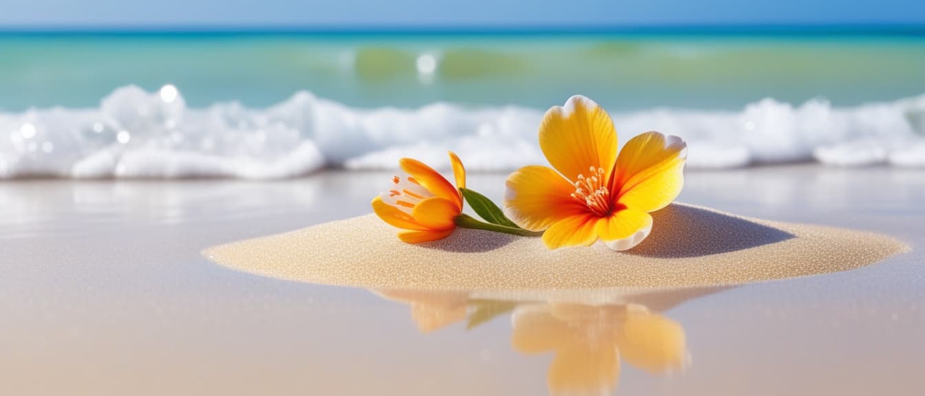  Macro Photography, Beach summer panoramic background with Blossom flower on the cristal sand and glory water, close up, macro 100mm, macro photography