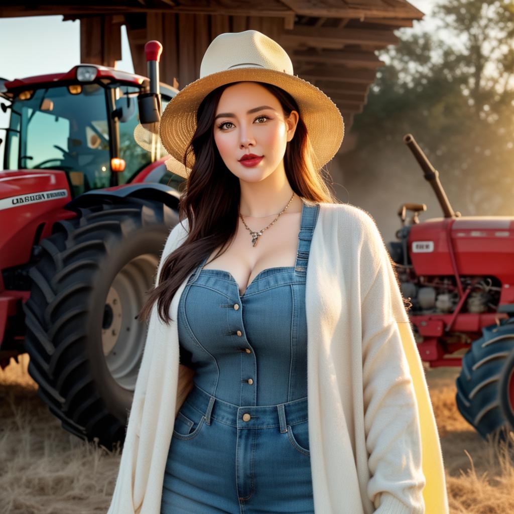  Chubby American girl in wearing Cowboy clothes portrait at farm, bulls in Background, Tractor in background, Clean face details hyperrealistic, full body, detailed clothing, highly detailed, cinematic lighting, stunningly beautiful, intricate, sharp focus, f/1. 8, 85mm, (centered image composition), (professionally color graded), ((bright soft diffused light)), volumetric fog, trending on instagram, trending on tumblr, HDR 4K, 8K