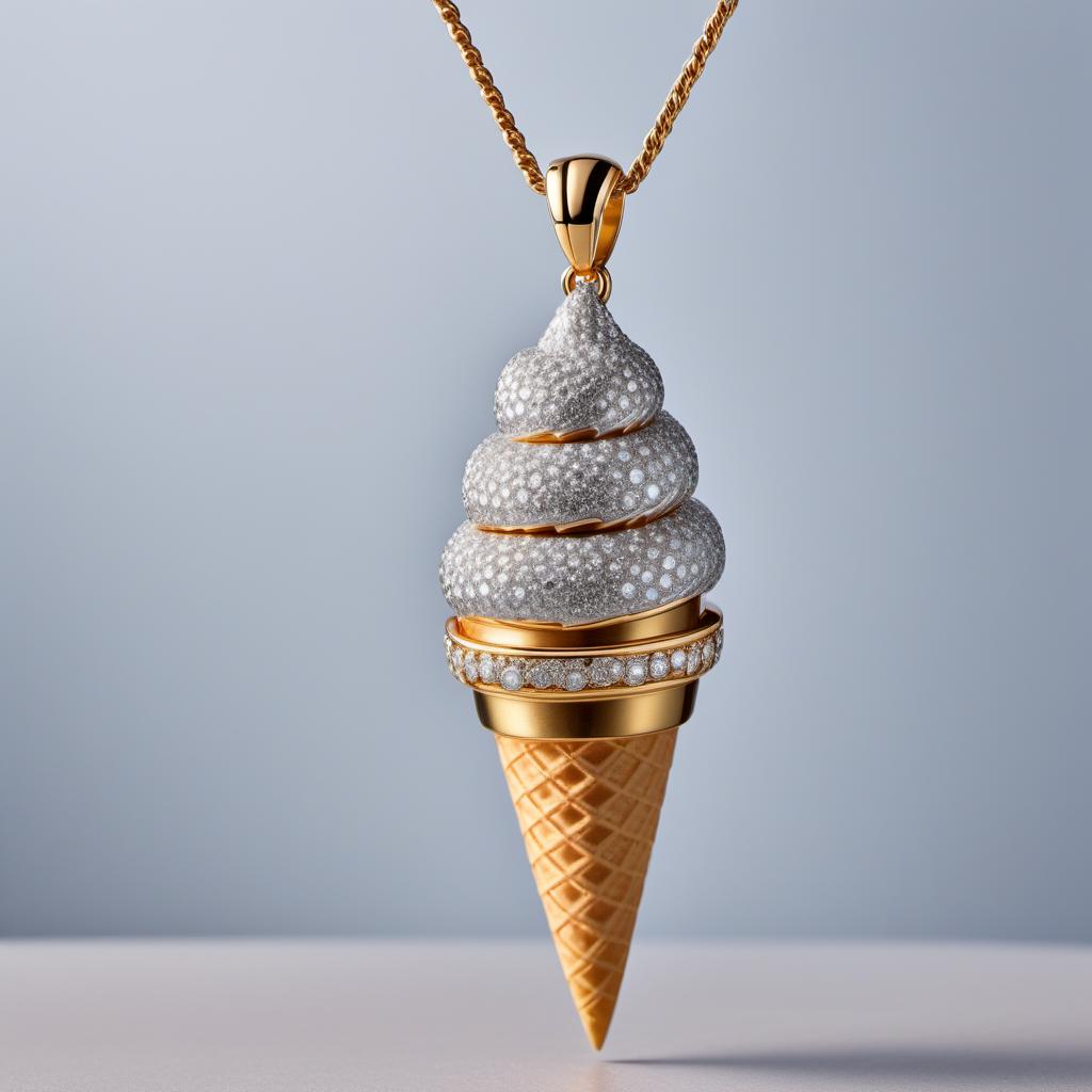  A diamond-encrusted ice cream cone pendant. The pendant should have an intricately designed cone studded with sparkling diamonds. The ice cream part should look like a swirl of ice cream, also covered in diamonds, giving it a luxurious and elegant appearance. The entire pendant should have a shiny and polished finish, reflecting light brilliantly. hyperrealistic, full body, detailed clothing, highly detailed, cinematic lighting, stunningly beautiful, intricate, sharp focus, f/1. 8, 85mm, (centered image composition), (professionally color graded), ((bright soft diffused light)), volumetric fog, trending on instagram, trending on tumblr, HDR 4K, 8K