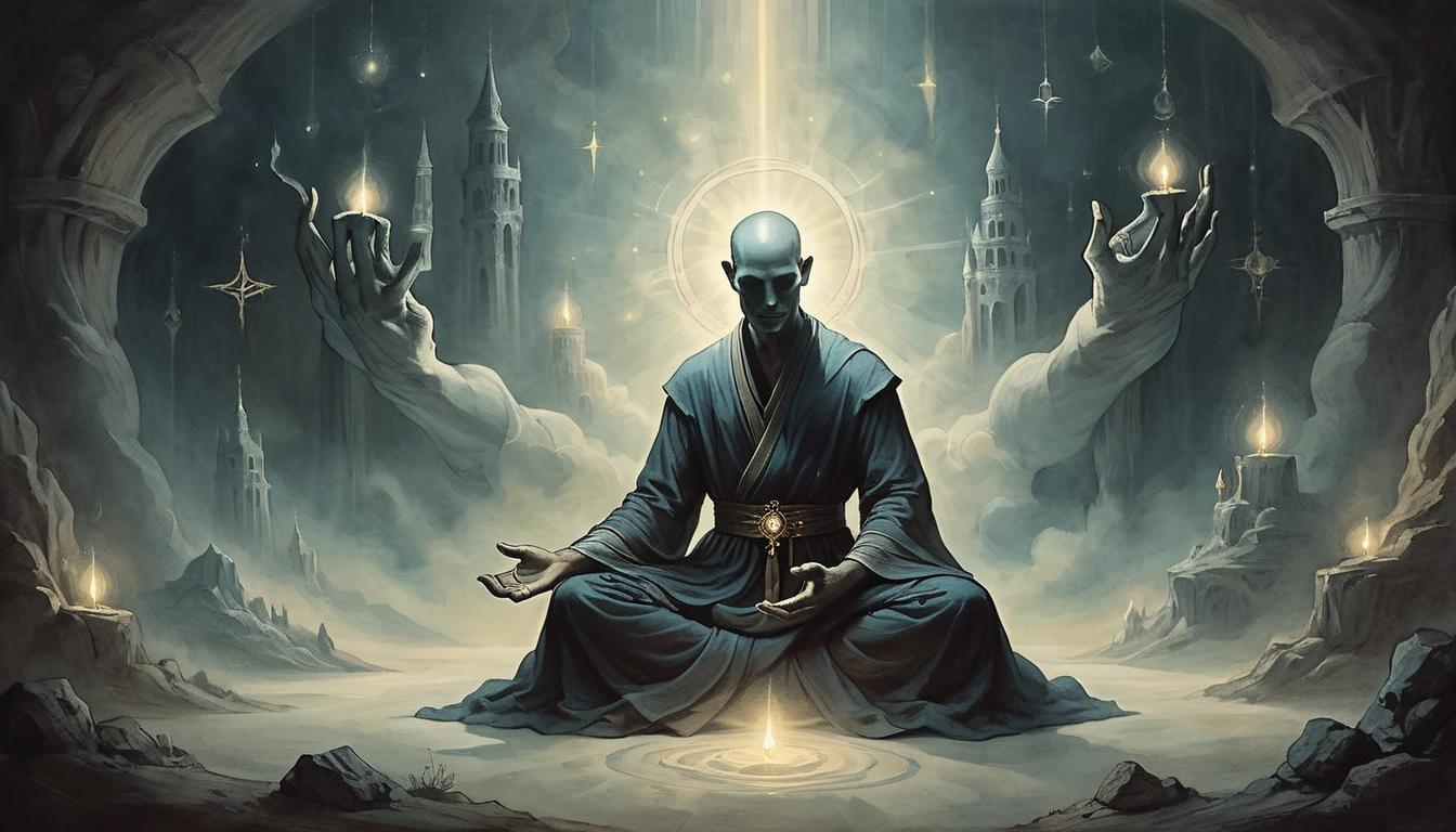  on parchment, surrealism+++, A figure in a meditative pose, glowing hands directed towards a specific body area, balanced and harmonious setting, dark environment with beams of ethereal light, sense of self healing and focus(mysterious, provocative, symbolic,muted color)+++