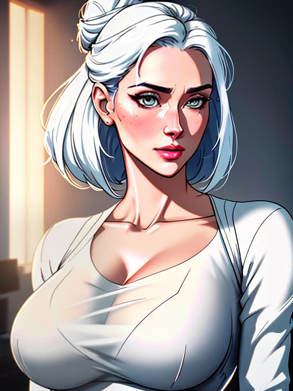  Portrait of a beautiful in a white shirt. Her hair is in a bun. Waist length photo., realistic, detailed, textured, skin, hair, eyes, by Alex Huguet, Mike Hill, Ian Spriggs, JaeCheol Park, Marek Denko hyperrealistic, full body, detailed clothing, highly detailed, cinematic lighting, stunningly beautiful, intricate, sharp focus, f/1. 8, 85mm, (centered image composition), (professionally color graded), ((bright soft diffused light)), volumetric fog, trending on instagram, trending on tumblr, HDR 4K, 8K