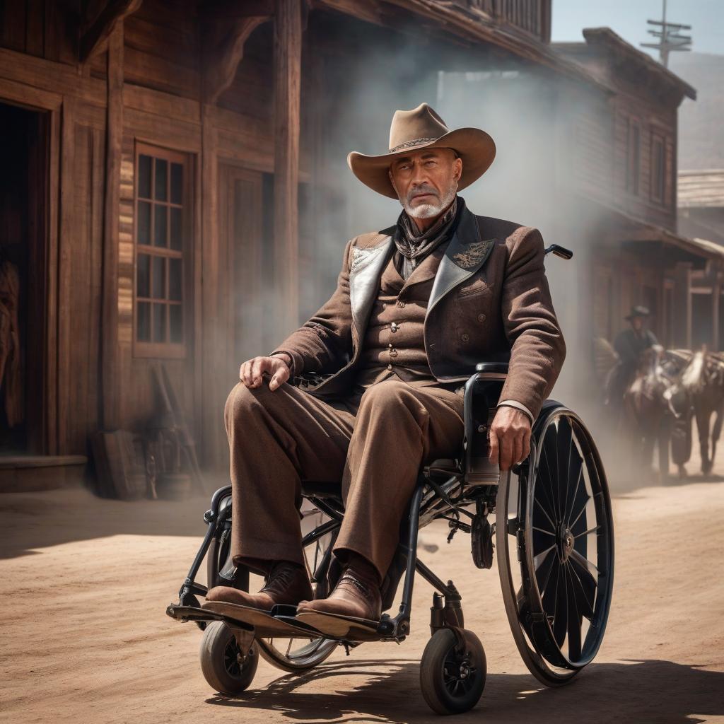  A man without legs and lower jaw rides in a wheelchair, wild West hyperrealistic, full body, detailed clothing, highly detailed, cinematic lighting, stunningly beautiful, intricate, sharp focus, f/1. 8, 85mm, (centered image composition), (professionally color graded), ((bright soft diffused light)), volumetric fog, trending on instagram, trending on tumblr, HDR 4K, 8K