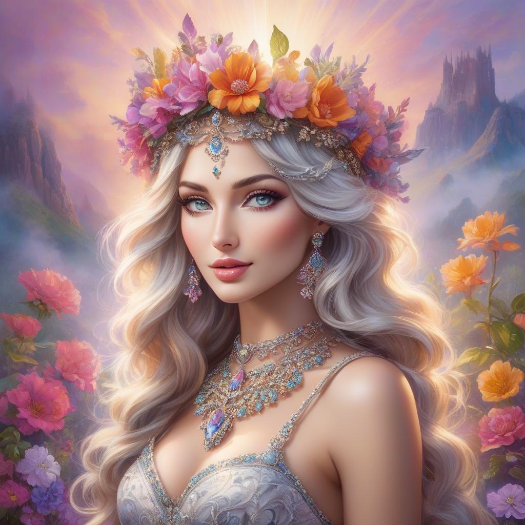  grunge style A portrait of a woman with a flower crown and bejeweled accessories against a soft, colorful background. Watercolor in the style of Josephine Wall, Tomasz Allen Kopera, Dariusz Zawadzki, Andreja Peklar, Ivan Shiskine,Create an image of a young woman with a radiant and cheerful expression. Her skin is smooth with a fair complexion. She has large, captivating eyes with a gentle gaze and well defined eyebrows. Her full lips curve into a warm, inviting smile that enhances her approachable aura. Her hair is voluminous and flows in luxurious, well defined waves, cascading around her face and shoulders. The hair color is a soft, monochromatic hue that harmonizes with the colour tone of the image, giving an overall classical and timele hyperrealistic, full body, detailed clothing, highly detailed, cinematic lighting, stunningly beautiful, intricate, sharp focus, f/1. 8, 85mm, (centered image composition), (professionally color graded), ((bright soft diffused light)), volumetric fog, trending on instagram, trending on tumblr, HDR 4K, 8K