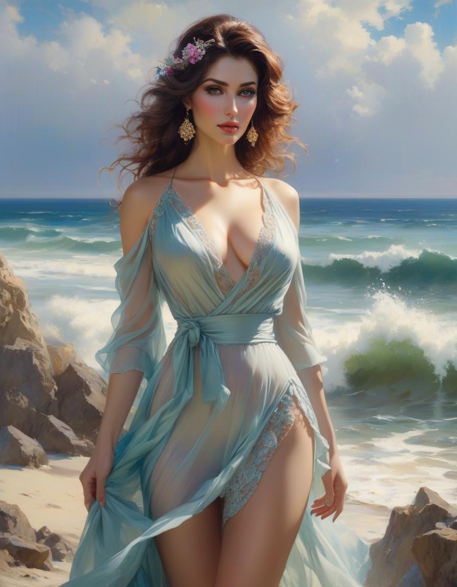  Beautiful Woman, her colors are soft, feminine, stunning and strong, like the ocean behind her, by Pino Daeni, Mark Brooks hyperrealistic, full body, detailed clothing, highly detailed, cinematic lighting, stunningly beautiful, intricate, sharp focus, f/1. 8, 85mm, (centered image composition), (professionally color graded), ((bright soft diffused light)), volumetric fog, trending on instagram, trending on tumblr, HDR 4K, 8K