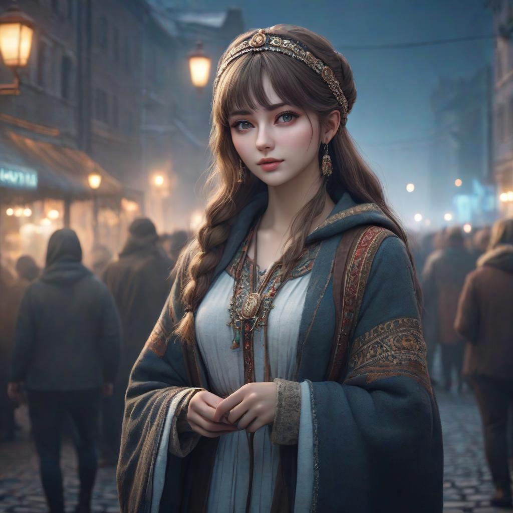  A programmer girl dressed in a Slavic style hyperrealistic, full body, detailed clothing, highly detailed, cinematic lighting, stunningly beautiful, intricate, sharp focus, f/1. 8, 85mm, (centered image composition), (professionally color graded), ((bright soft diffused light)), volumetric fog, trending on instagram, trending on tumblr, HDR 4K, 8K