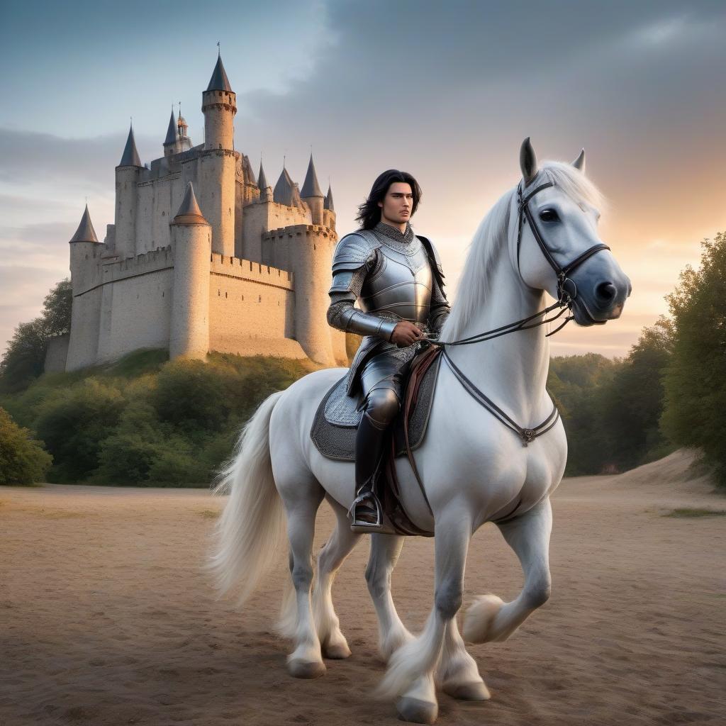  HDR photo of Middle Ages, a young black haired young man rider in leather armor rides a large horse of gray color, a gray horse with a white mane, full length, in the distance can be seen a castle, the time is evening, sunset . High dynamic range, vivid, rich details, clear shadows and highlights, realistic, intense, enhanced contrast, highly detailed, hkmagic hyperrealistic, full body, detailed clothing, highly detailed, cinematic lighting, stunningly beautiful, intricate, sharp focus, f/1. 8, 85mm, (centered image composition), (professionally color graded), ((bright soft diffused light)), volumetric fog, trending on instagram, trending on tumblr, HDR 4K, 8K