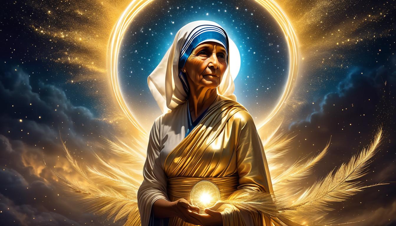  fluorescent dust, fluorescent spraypaint, fluorescent grain, fluorescent make up Mother Teresa depicted within a golden aura, hands gently extending towards the needy but with a luminous shield surrounding her, mood of energetic boundary, compassion, and protection.dust, cinematic film, best quality, high resolution, realistic, 8k, dynamic angle, serene, extremely detailed, absurdres particle effect, wonderful night dreamlike glowing masterpiece, celestial, detailed, realistic, image concept art, phenomenal mesmerise, maximalist,