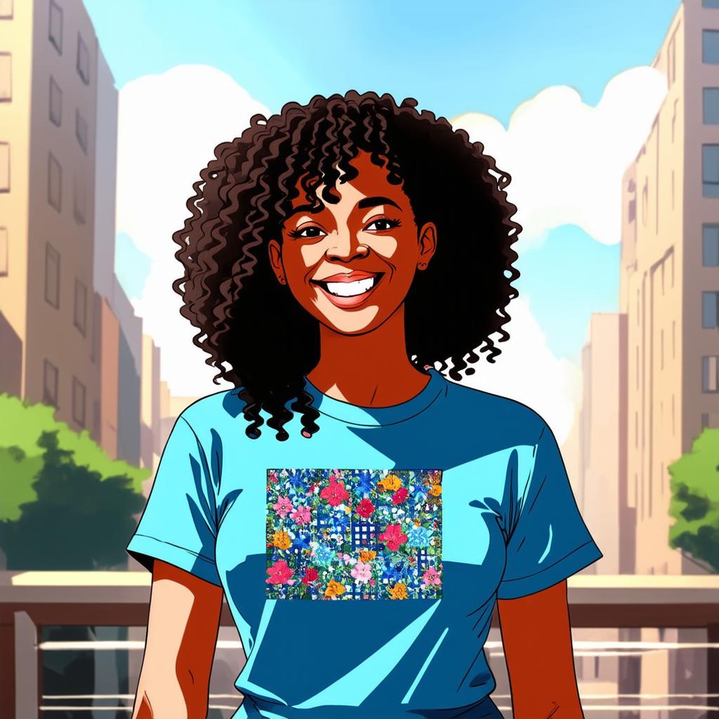  (illustration:1.15), half body portrait black curly happy woman wearing blue t shirt with squared floral pattern on t shirt, Blurred city Background, [cory loftis, strobist, pascal campion :: 0.2]