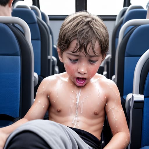  a very sweaty very young boy, caught on a public bus, is discovered by the viewer. The young 's face is rendered in exquisite detail, a look of and arousal as he realizes he's been caught the boy on the bus seat lets out a stream of warm, viscous liquid shooting out from his huge engorged erect tip coating his and splattering onto the floor of the bus, the pinnacle of his is his sweaty features, high-angle shot, dramatic angle, extreme angle shot, photo-realistic, volumetric fog, 85mm lens, HDR, cinematic