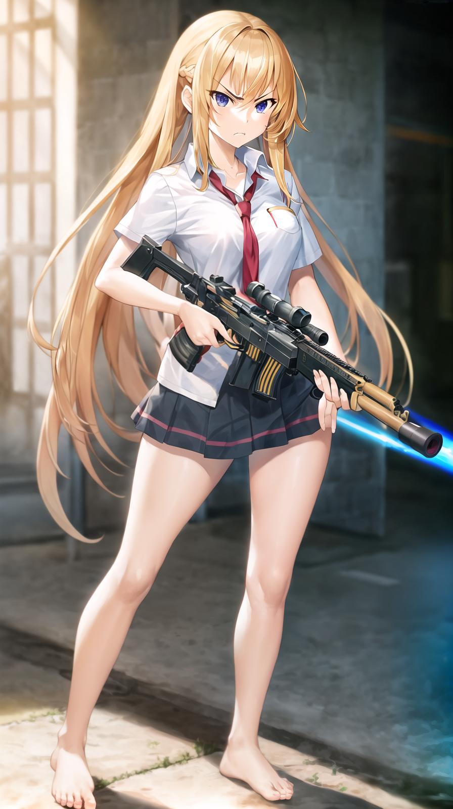  master piece , best quality,High school girl with machine gun in hand, bare feet, long hair, angry face.