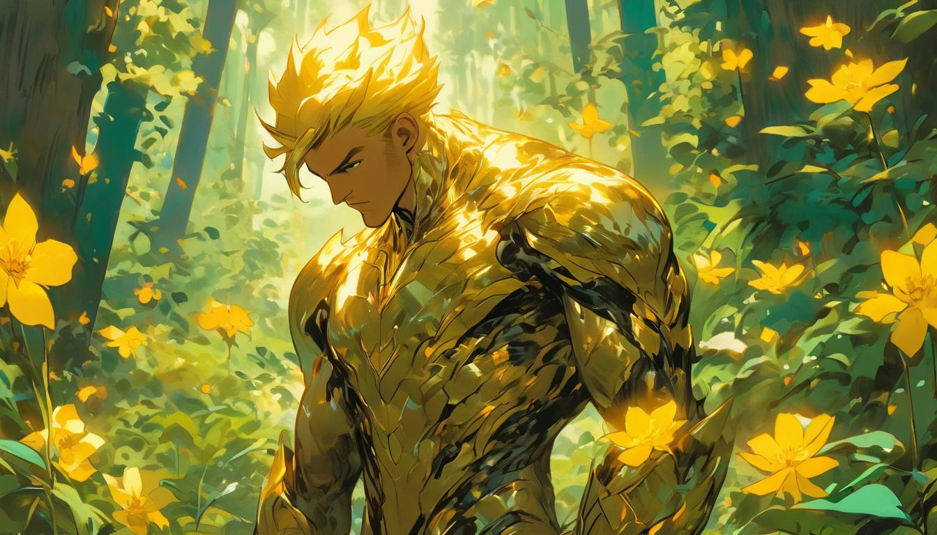  hyperrealism,fantasy aesthetic1man, attractive blonde male humanoid, examining a rare golden flower in a lush forest, mystical atmosphere, connection with nature, high tech clothing clad in sleek, futuristic costume with metallic accents and form fitting designs, marvel superhero comics style, unreal engine rendering