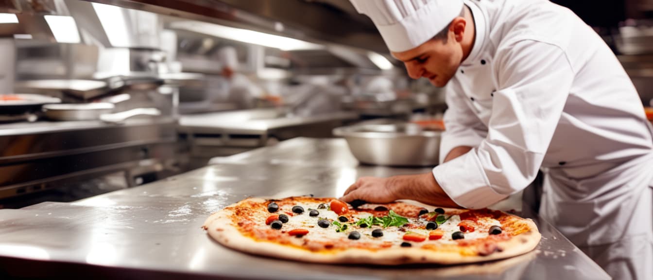  best quality, HD, Pizza chef finishing the preparation of a tasty pizza in professional pizzeria restaurant kitchen