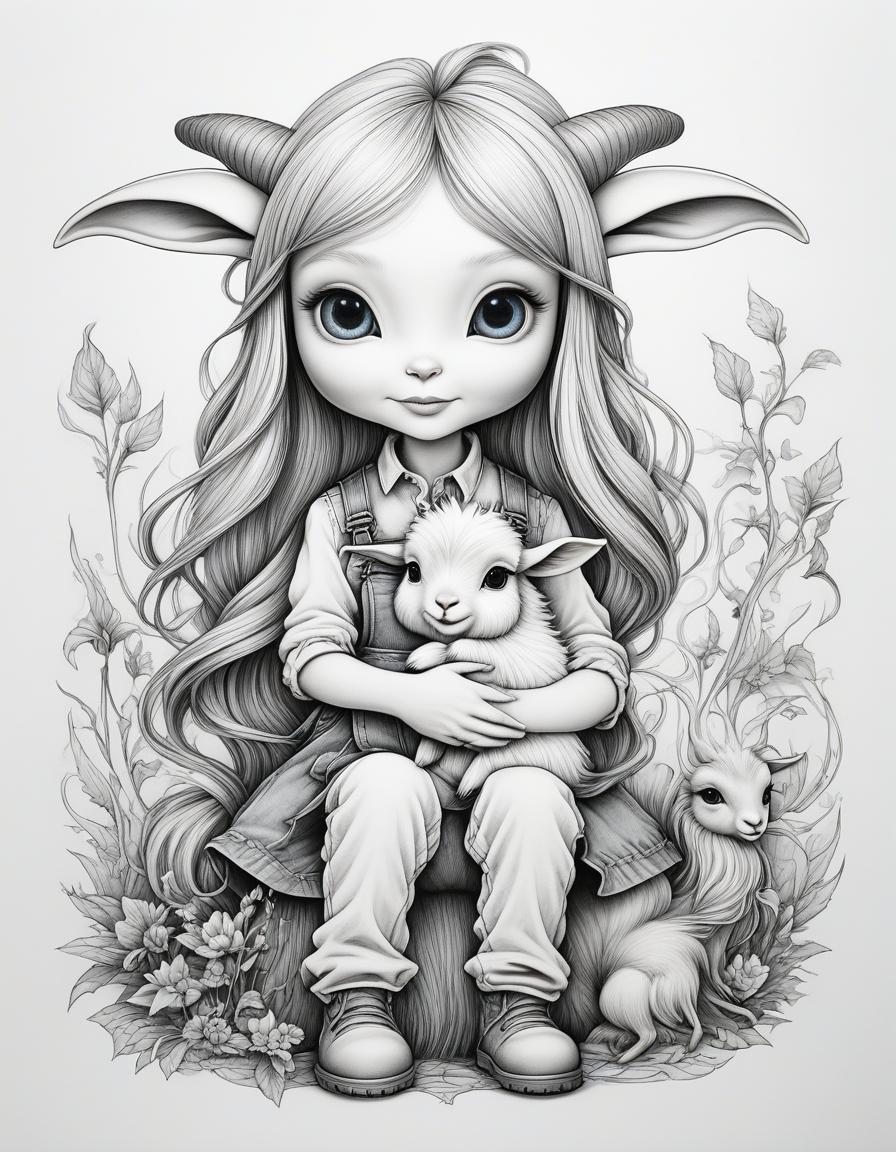  Chris Ryniak, (Naoto Hattori), (Wendy Froud), ((coloring style)), sticker, black lines on a white background, { Fairytale girl in Tilda Doll style with long hair, denim overalls, sitting next to and hugging a cute baby goat)) }, drawing with black marker on a white background , mysticism, fairy tale, fantasy, good detail, good drawing, cartoon style, clear contours, attractiveness, Graciela Rodo Boulanger, Bill Pocket, (Wendy Froud), Chris Ryniak, hyperrealistic, full body, detailed clothing, highly detailed, cinematic lighting, stunningly beautiful, intricate, sharp focus, f/1. 8, 85mm, (centered image composition), (professionally color graded), ((bright soft diffused light)), volumetric fog, trending on instagram, trending on tumblr, HDR 4K, 8K