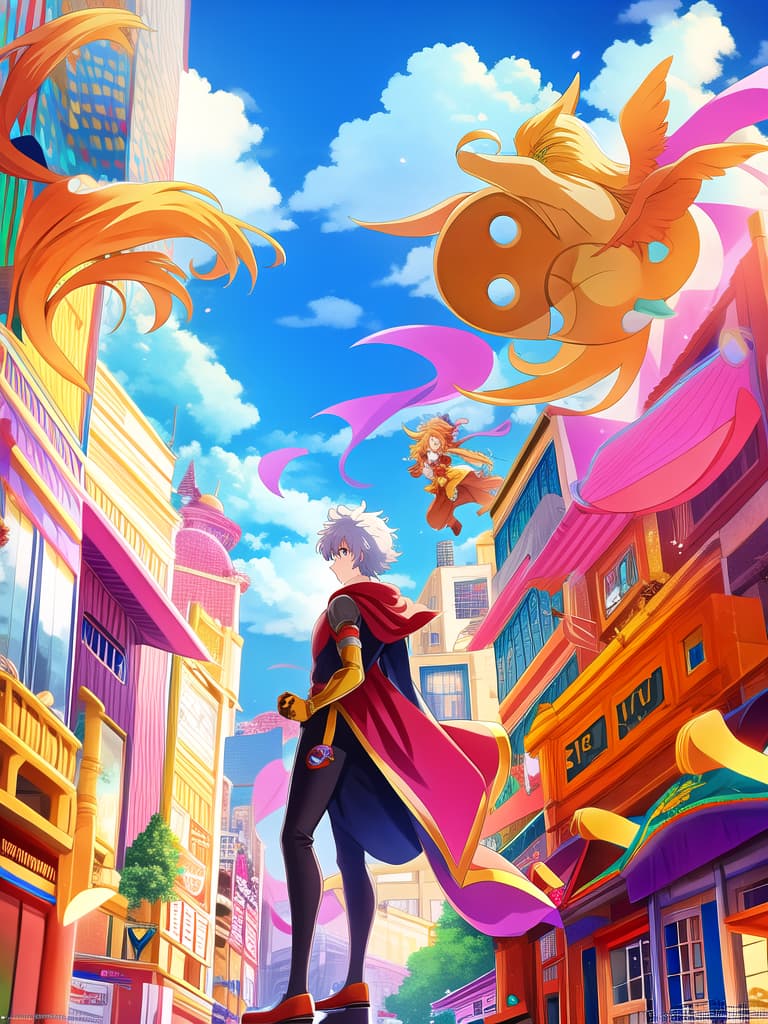  anime artwork, anime style, key visual, vibrant, studio anime, highly detailed, Superhero standing on a building, cape blowing in the wind, people staring up at him