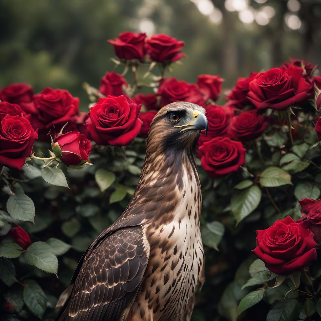  cinematic film still A hawk with a crown on its head, and behind it a bush of red roses. . shallow depth of field, vignette, highly detailed, high budget, bokeh, cinemascope, moody, epic, gorgeous, film grain, grainy hyperrealistic, full body, detailed clothing, highly detailed, cinematic lighting, stunningly beautiful, intricate, sharp focus, f/1. 8, 85mm, (centered image composition), (professionally color graded), ((bright soft diffused light)), volumetric fog, trending on instagram, trending on tumblr, HDR 4K, 8K