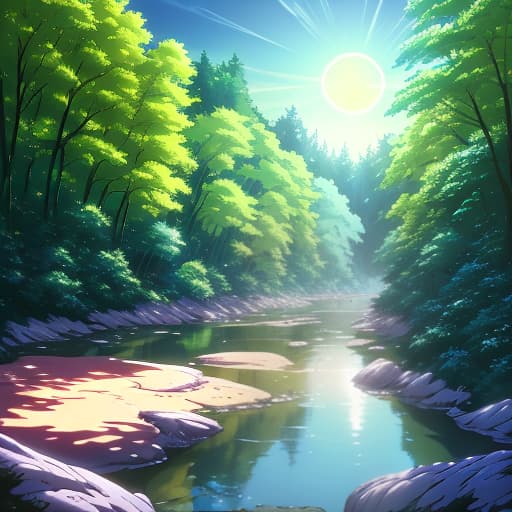  A painted shoreline of a river, a forest, sky, sun, a view from one bank to the other, lots of greenery., Manga big eyes expressive faces colorful hair Hayao Miyazaki Masashi Kishimoto Makoto Shinkai CLAMP Yoshiyuki Sadamoto hyperrealistic, full body, detailed clothing, highly detailed, cinematic lighting, stunningly beautiful, intricate, sharp focus, f/1. 8, 85mm, (centered image composition), (professionally color graded), ((bright soft diffused light)), volumetric fog, trending on instagram, trending on tumblr, HDR 4K, 8K