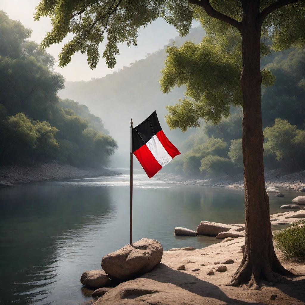  An illustration of a flag made out of traditional Keffiyeh material, firmly erected near a flowing river. The flag should display the iconic black-and-white patterns of the Keffiyeh and convey cultural significance, resistance, and unity. The scene should include elements of nature like trees and a clear sky, reflecting the peaceful but resilient spirit of the heritage. The dynamic waves of the flag should suggest an inspiring sense of strength, heritage, pride, and solidarity. hyperrealistic, full body, detailed clothing, highly detailed, cinematic lighting, stunningly beautiful, intricate, sharp focus, f/1. 8, 85mm, (centered image composition), (professionally color graded), ((bright soft diffused light)), volumetric fog, trending on instagram, trending on tumblr, HDR 4K, 8K